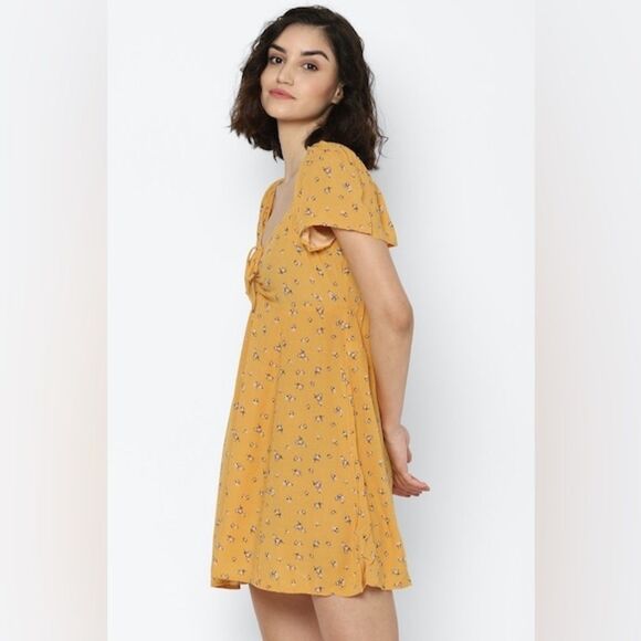 AMERICAN EAGLE WOMEN YELLOW RUCHED FLUTTER-SLEEVE MINI DRESS SMALL #718 - Picture 8 of 9